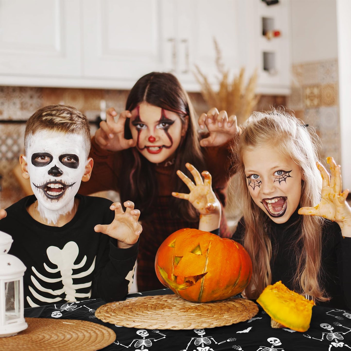JarThenaAMCS 6 Pcs Halloween Plastic Tablecloth Funny Dancing Skeleton Table Cover Black White Disposable Table Cloth for Halloween Party Home Kitchen Dining Decor, 54 x 108 Inch