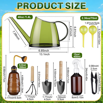 Ferrochef 13 Pcs Indoor Plant Can Set, 1/2 Gallon Watering Can, 17 oz Squeeze Bottle, 6.8 oz Spray Bottle, 6 Self Watering Globes, Gardening Tool Kit with Pruning Scissors for Plants(Lemon Green)