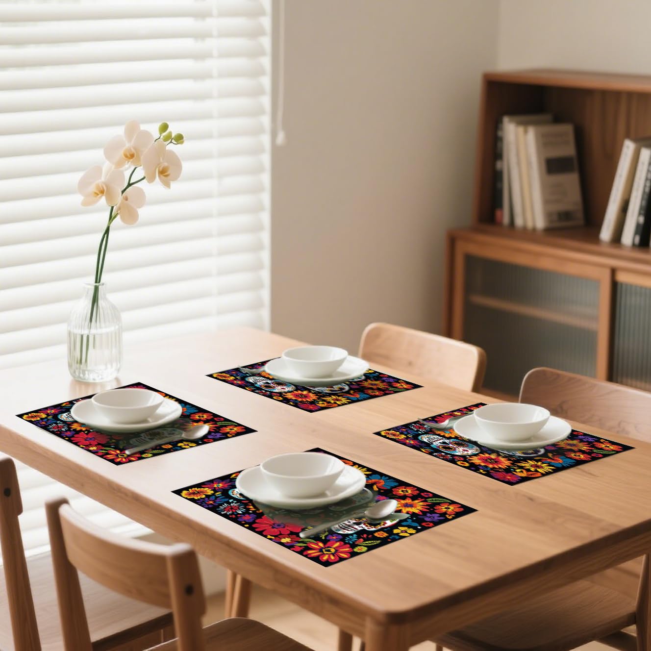 Flowers Skull Placemats Set of 4,Halloween Sugar Skulls Table Mats Mexican Day of The Dead Skeleton Place Mats Linen Heat Resistant Placemats Party Dining Decoration Kitchen