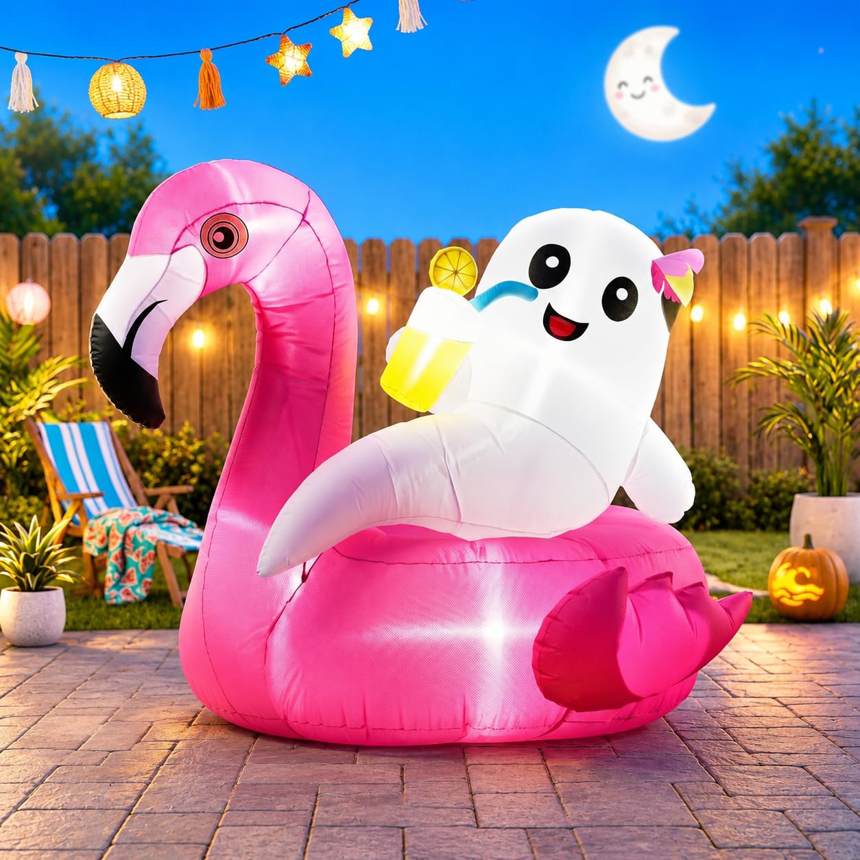 4FT Summerween Decorations Inflatable Ghost on Flamingo Float, Halloween Outdoor Inflatable Decor with Tropical Drink and LED Lights for Yard Lawn Garden Home, Summerween Party Decorations