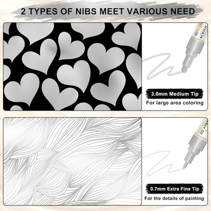 Paint Markers Paint Pens - 2 Pack Dual Tip Acrylic Permanent Marker (0.7mm & 3mm), Non-Toxic, Water-Based for Art Painting, Stone, Ceramic, Glass, Wood, Fabric, Metal, DIY Crafts (Silver)