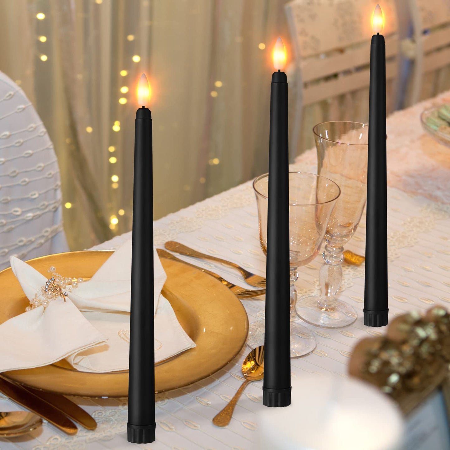 Macarrie 24 Packs Flameless Taper Candles Battery Operated Fake 11 Inch Long Candlelight LED Flameless Candlesticks Flickering Tapered for Summer Fall Wedding(Black)