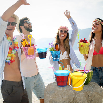 CroBlissful 15 Set 33.8 Ounce Large Beach Drink Buckets with Shovels Disposable Straws Plastic Bucket with Handles for Summer Holiday Party Beach Birthday Party Favors (Glitter)