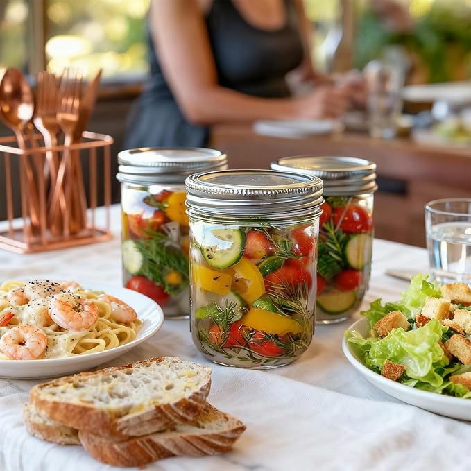ComSaf Wide Mouth Mason Jars 16 oz with lids - 4 Pack, Pint Mason Jars with Seal Bands, Glass Canning Jars for Honey, Jam, Jelly, Coffee, Salad, Desert, Shower Wedding Favors, DIY Candles Decor