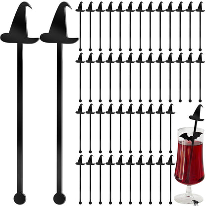 LemonRoad 48 Pcs Witch Party Supplies Swizzle Sticks Black Plastic Coffee and Cocktail Stirrers 5.9 Inch Reusable Black Witch Hat Cocktail Mixers Bulk for Bar Weddings Events Halloween (Classic)