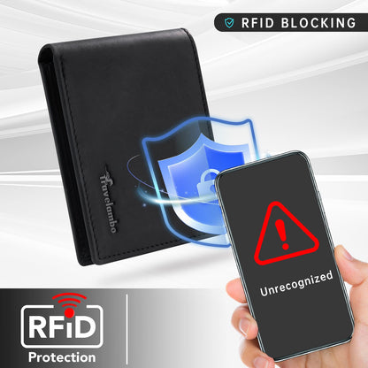 Travelambo Wallet for Men Real Leather Mens Bifold Wallet RFID Blocking - Thin & Stylish with ID Window in Gift Box (Crazy Horse, Black)