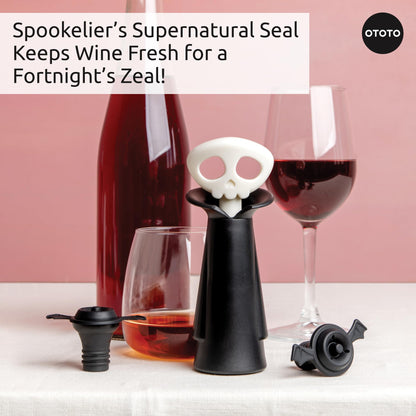 OTOTO Skull Wine Saver Pump and Stoppers - Halloween Gifts, Emo Accessories, Gothic Kitchen, Goth Gifts, Bat, Kitchen Gadgets - (Spookelier)