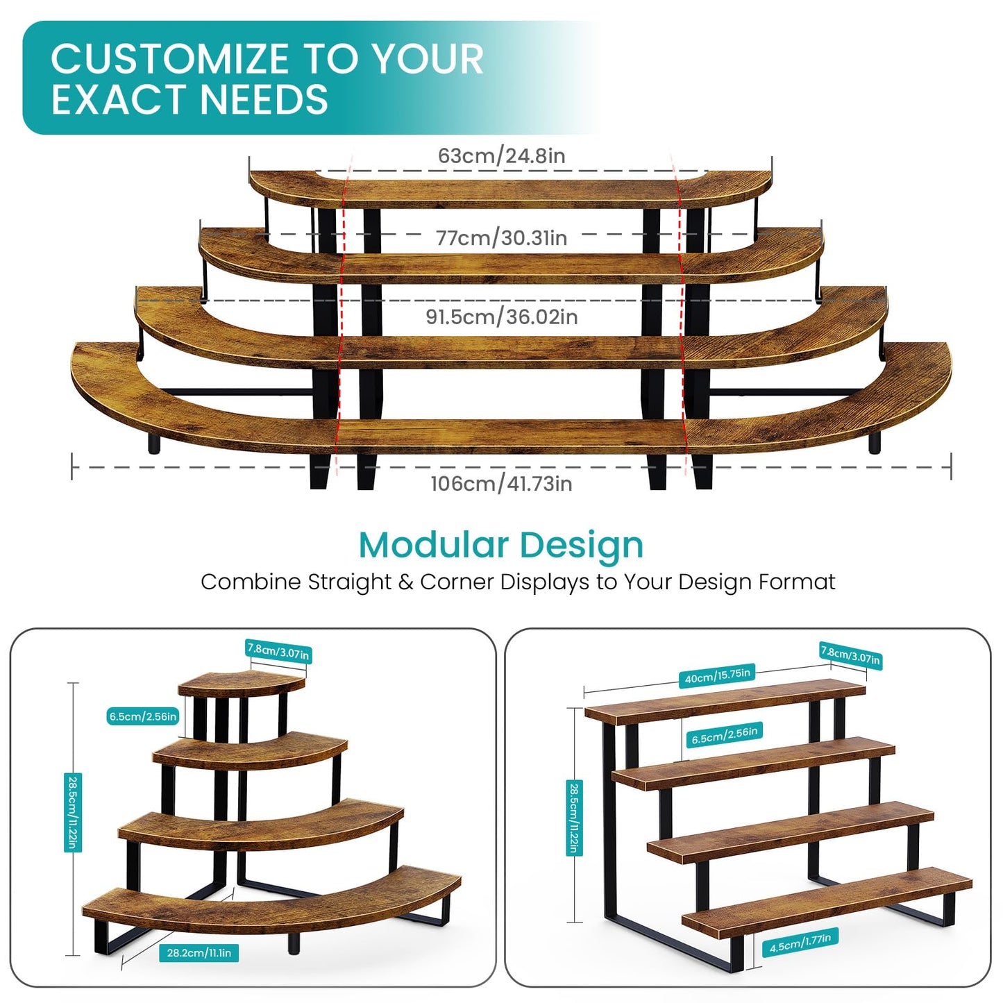 ELITEROO Cupcake Tier Stand, Wooden Cup Cake Stand Stairs, 4 Tier Dessert Table Display Set for Cookie Cocktail Candy Donut, Display Riser for Vendors Craft Show, Rustic Brown Curved Corner