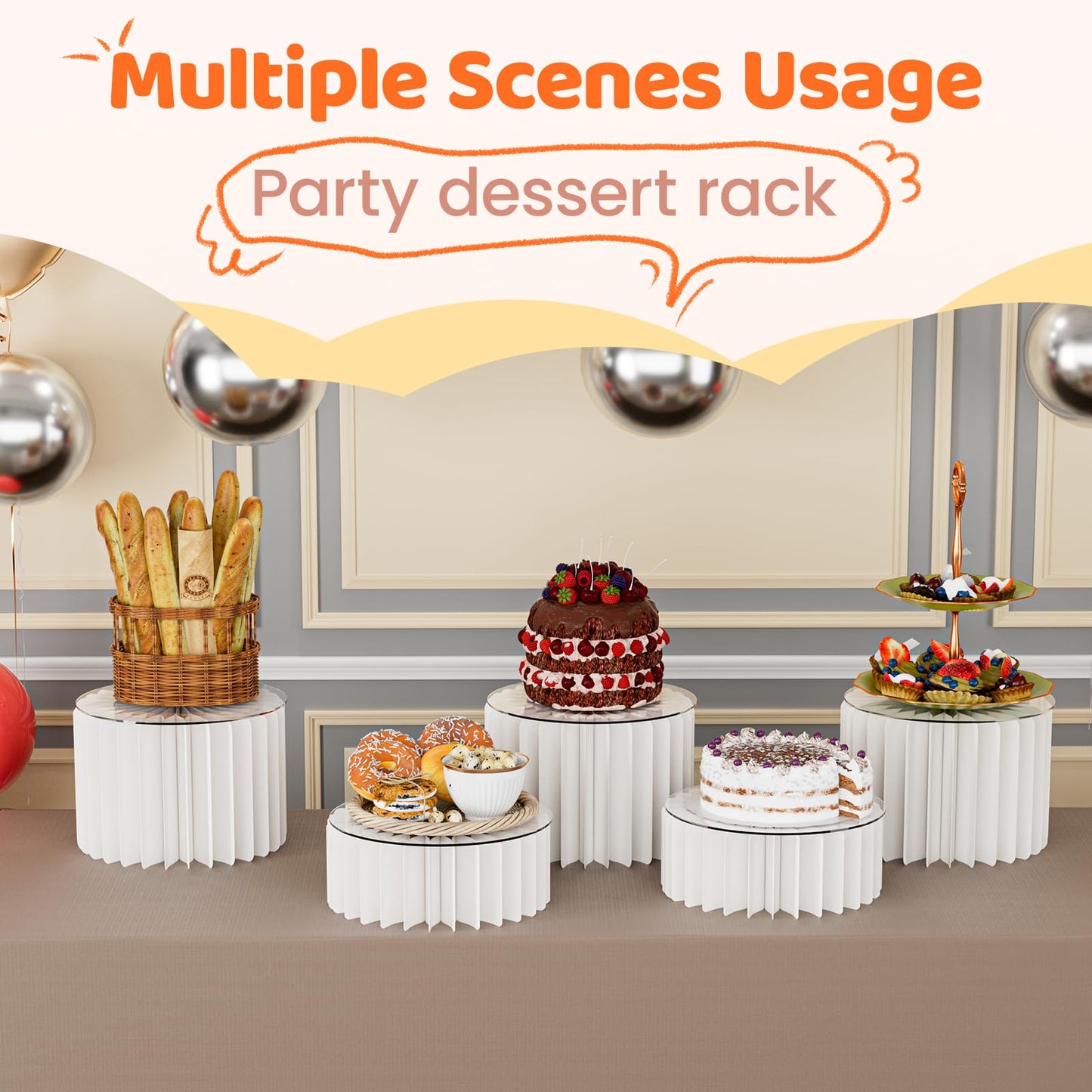 HeiMma 4 Pack Buffet Risers, FOLDABLE Accordion Food Display Risers for Dessert Table,Dessert Table Display Set, White Cardboard Cylinder Cake Cupcake Stands for Party, Multi-height, 12in Round