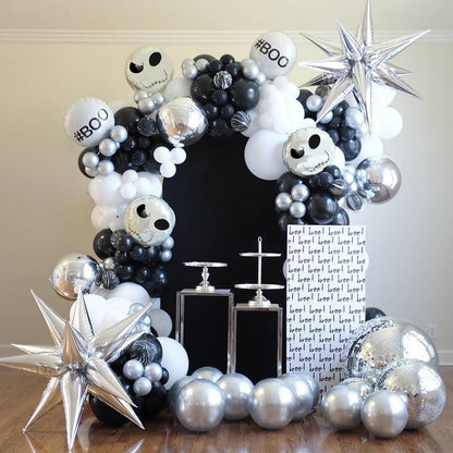 Halloween Balloon Arch Kit, Black White Skeleton Balloons Halloween Decorations Balloon Garland with Explosion Star Skull Foil Balloons for Haunted House Party Decorations