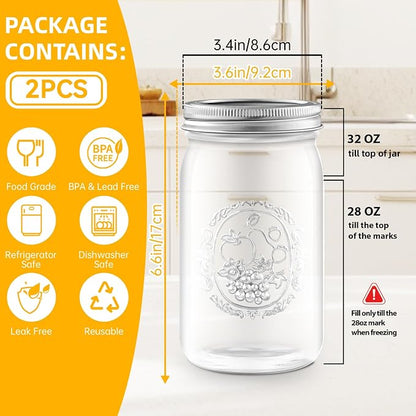 Miuyhji Wide Mouth Mason Jars 32 oz with Lids [2 Pack], Canning Jars with Metal Airtight Lids and Bands, Glass Jars for Fermenting, Pickling, Freezing, Preserving, Meal Prep, Jar Décor
