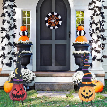 YEAHOME Halloween Decorations Outdoor, 2 Pack Metal Pumpkin Garden Stakes with Witch Hats for Halloween Decor, Jack o' Lantern Pumpkin Yard Signs for Outside Garden Lawn Patio Party Decorations