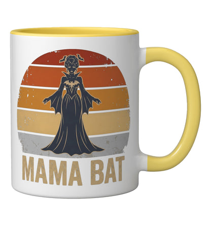 Mama Bat Funny Gothic Mom Halloween Sunset Vintage Ceramic Mug, Yellow/White