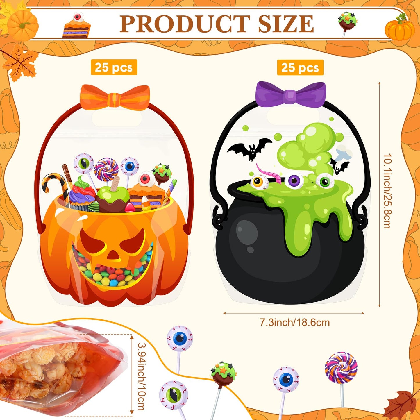 Fuutreo 50 Pcs Halloween Bags Plastic Halloween Goodie Bags with Handles Scary Cauldron Sealed Pouch Sealing Pumpkin Treat Candy Pouch for Scary Holiday Party Candy Gift Supplies Decor(Bubble Gourd)