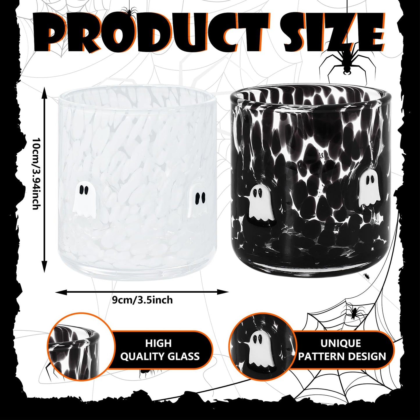 JarThenaAMCS 2Pcs Halloween Icon Juice Glass 14 Oz Black White Ghost Wine Glass Stemless Cocktail Drinking Cups for Home Party Favors Supplies