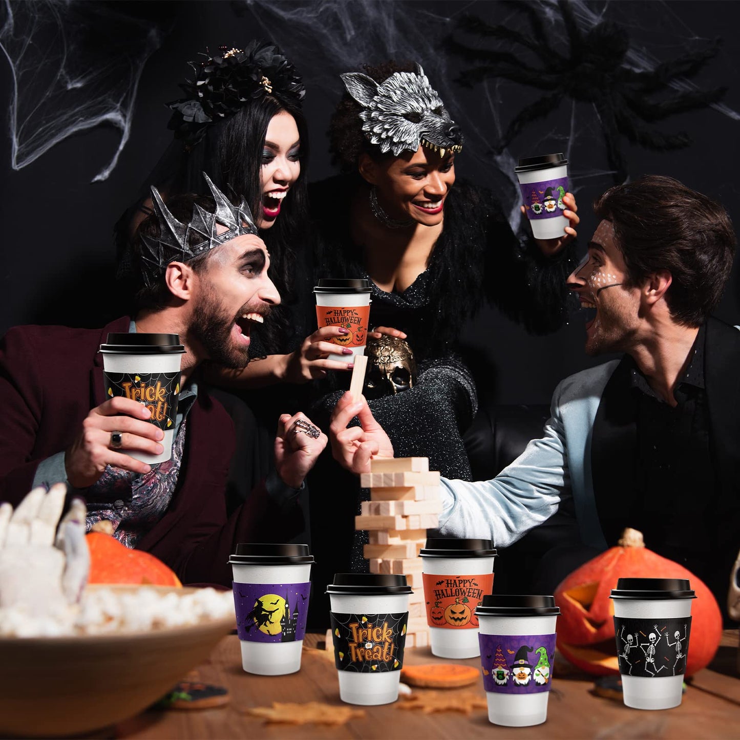 36 Pcs Halloween Coffee Cups Sleeves, Disposable Double Layer Paper Sleeves Corrugated Cup Paper Jacket for 12oz 16oz Hot Chocolate Coffee Tea or Cold Beverage, 6 Designs