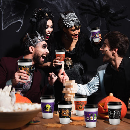 36 Pcs Halloween Coffee Cups Sleeves, Disposable Double Layer Paper Sleeves Corrugated Cup Paper Jacket for 12oz 16oz Hot Chocolate Coffee Tea or Cold Beverage, 6 Designs