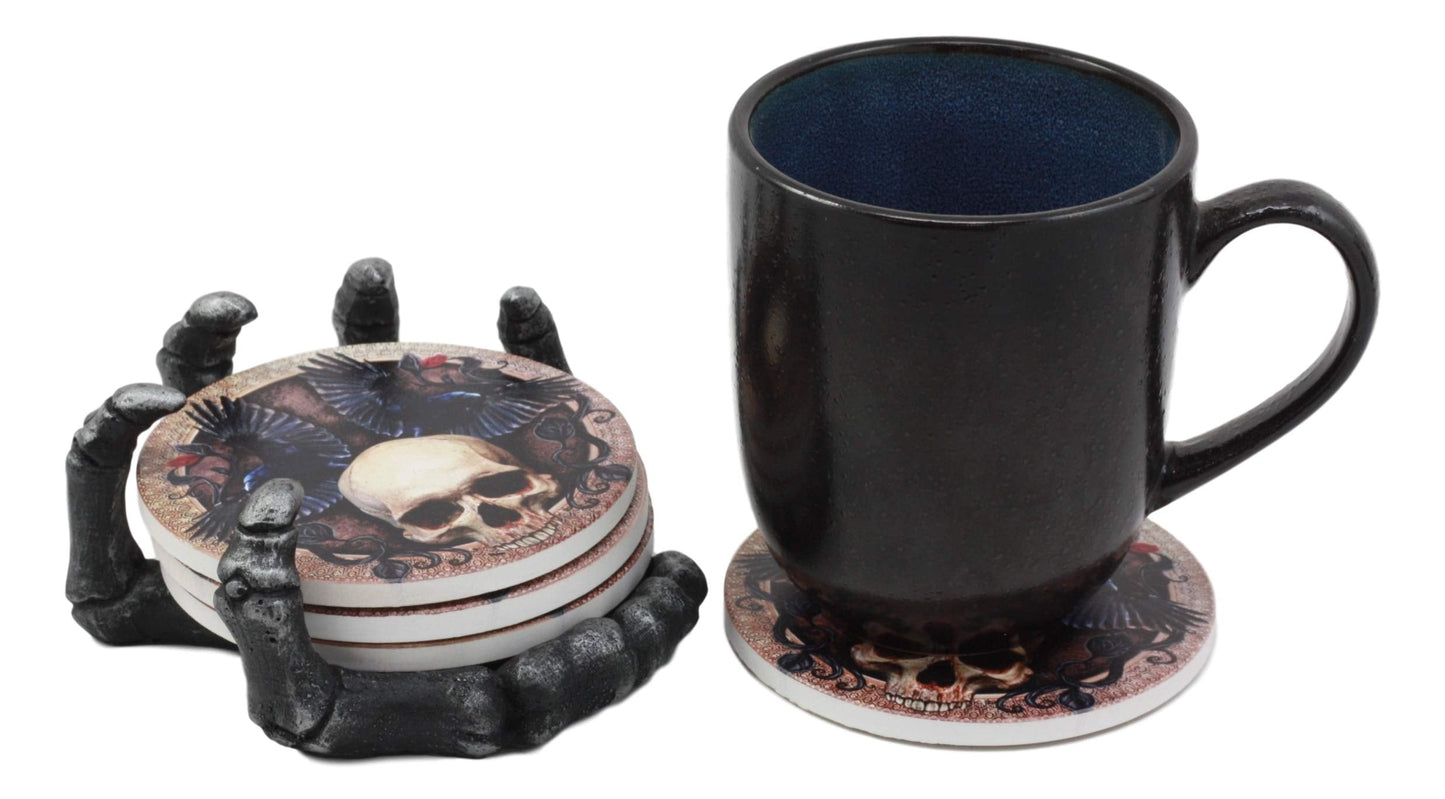 Ebros Gothic Alchemy Clutch of The Dead Skeleton Hand Resin Coaster Figurine Holder with 4 Skull Raven Tile Coasters Set Furniture Protector Ossuary Macabre Halloween Spooky Home Decor Accent