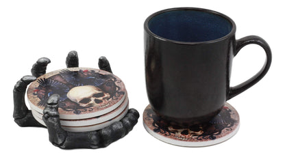 Ebros Gothic Alchemy Clutch of The Dead Skeleton Hand Resin Coaster Figurine Holder with 4 Skull Raven Tile Coasters Set Furniture Protector Ossuary Macabre Halloween Spooky Home Decor Accent