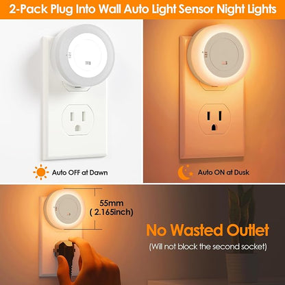 FOLKSMATE LED Night Lights Plug into Wall, Dimmable Plug in Nightlight with Auto Light Sensors for Adults, Kids Room, Bedroom, Bathroom, Hallway, Kitchen, Stairs, Amber White, 2-Pack