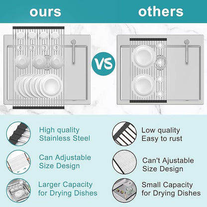 Extra Large Expandable Roll Up Dish Drying Rack,Over The Sink Drying Rack Sink Cover Kitchen Sink Accessories Kitchen Rolling up Stainless Steel Drainer, Foldable,Rollable（Black，22.8''-12.4''）