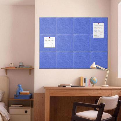 MISSDAY Blue Acoustic Wall Panel Felt Bulletin Board 48" x 36" Cork Board for Wall, 12-Pack Boards with 72 Removable Adhesive Tabs, 50 Pins, Pin Board for Home Office Classroom Soundproof Wall Tile