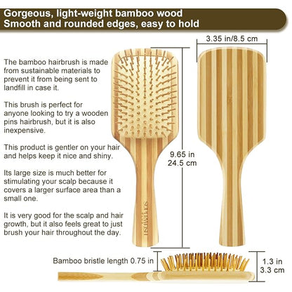 Bamboo Wood Hair Brush Large Paddle for Women, Natural Bamboo Wooden Bristles Scalp Massager, Flat Detangling Hairbrush Fit All Types Hair