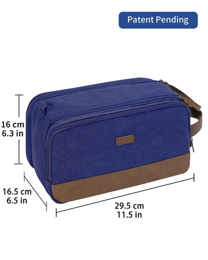 WANDF Toiletry Bag for Men Travel Toiletry Organizer Canvas and Leather Dopp Kit Water-Resistant Shaving Bag for Travel Accessories (Blue, Large)