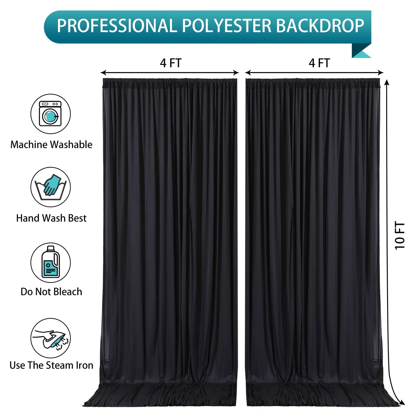 Black Backdrop Curtain 2 Panels-Wrinkle-Free Black Curtains Polyester Photography Drapes for Wedding Birthday Party Photo Background Backdrop Stand- 8 X10FT