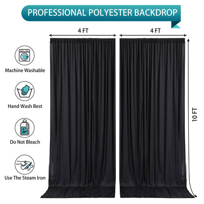 Black Backdrop Curtain 2 Panels-Wrinkle-Free Black Curtains Polyester Photography Drapes for Wedding Birthday Party Photo Background Backdrop Stand- 8 X10FT