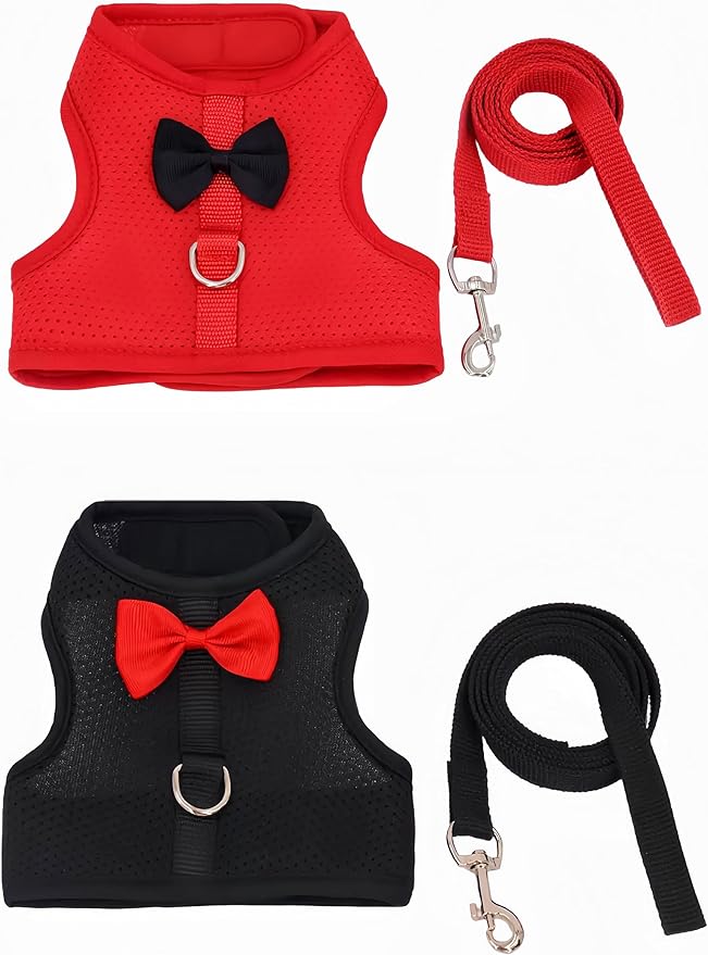 2 Pack Adjustable Bunny Rabbit Harness and Leash Set Breathable Mesh Vest Harness for Rabbits Kitten Ferret Puppy Small Pets Walking Supplies-Black&Red,L