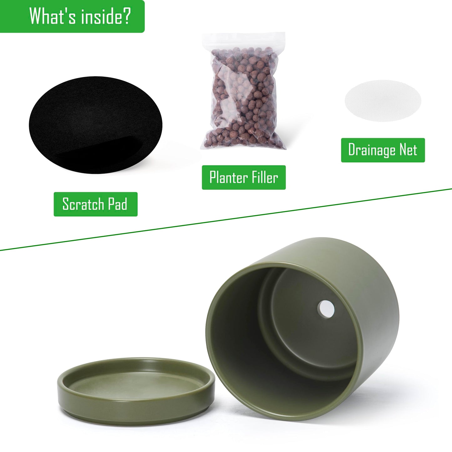 D'vine Dev 6.5 Inch Ceramic Planter Pot with Drainage Hole and Saucer, Indoor Cylinder Round Planter Pot, Olive, 94-O-C-J