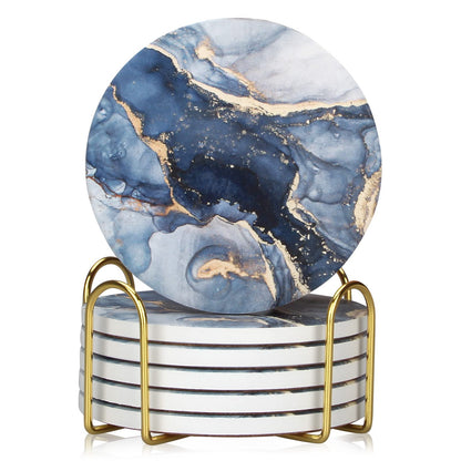 Dksyee Coasters Set of 6, Navy Blue Marble Abstract Round Ceramic Coasters with Holder, Best Absorbent Drink Coaster Set, Coffee Table Decor for Home Decor House Warming Gifts New Home