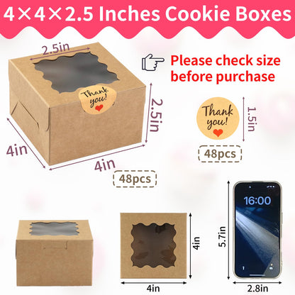 WINKIO 48 Pcs White Cookie Boxes, 4x4x2.5 Inches Bakery Boxes with Window, for Mini Cake Treat Dessert Pastry Donuts Macaroon Strawberries Chocolate Candy (with Stickers)