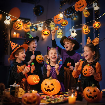 shuangjishan Halloween String Lights Indoor: 9.84 FT 20 LED Battery Operated Pumpkin Ghost Cat Lighted Decorations – 8 Modes Waterproof Timer for Window Porch House Room Bedroom Party Decor