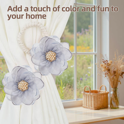 AULEEP 2 Pack Flower Curtain Tiebacks, No Drill Curtain Tie Backs for Drapes, Premium Fabric Curtain Ties, Decorative Curtain Hoodbacks for Home Living Room Bedroom Office, Light Gray
