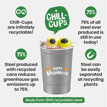 Steel Chill Cups 16 oz. Party Cups 'Happy Halloween' Ghost Design for Cold Drinks, Durable, Disposable, Recyclable, Made in USA, Gray, 12 Count