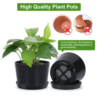Oliz 4.7 Inch Plastic Plant Pots 8 Pack, Round Classic Planters with Drainage Holes and Saucers for Indoor Outdoor Plants, Perfect for African Violet, Snake Plant, Succulents (Black)