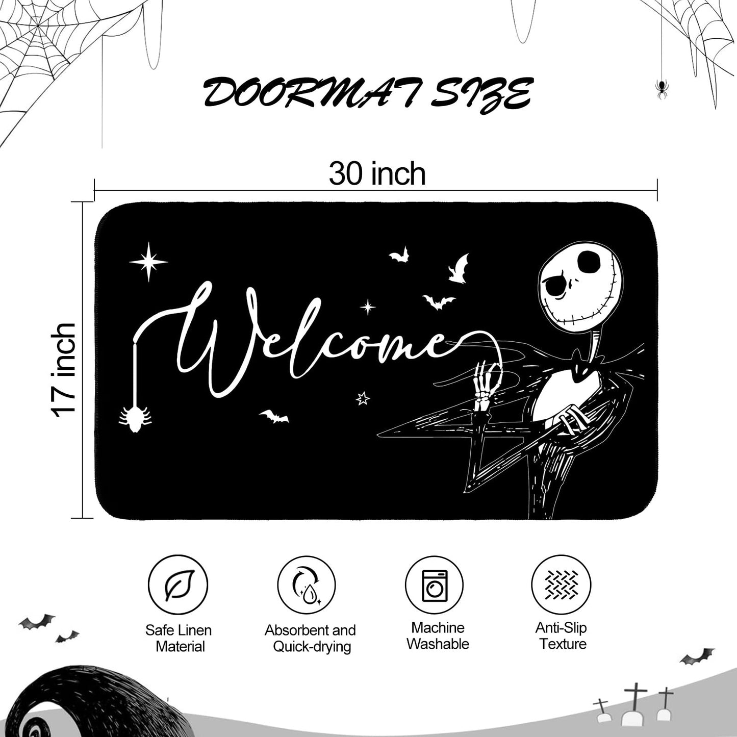 Darno Jack Skeleton Door Mat 30x17 inch, Nightmare Christmas Welcome Doormat, Nightmare Christmas Gfits, Nightmare Christmas Decor