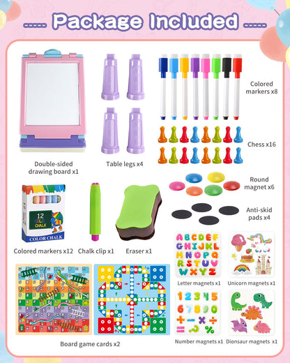 Elovien Easel for Kids, 4 in 1 Double Sided Toddler Art Easel with Chalkboard & Magnetic Whiteboard, Foldable Kid Tabletop Easel with Drawing & Writing Accessories - Educational Gift for Girl (Purple)