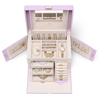 Vlando Mirrored Jewelry Box Organizer, Leather Jewelry Storage Case, Necklaces Earrings Rings Brackets Box Holder, Purple
