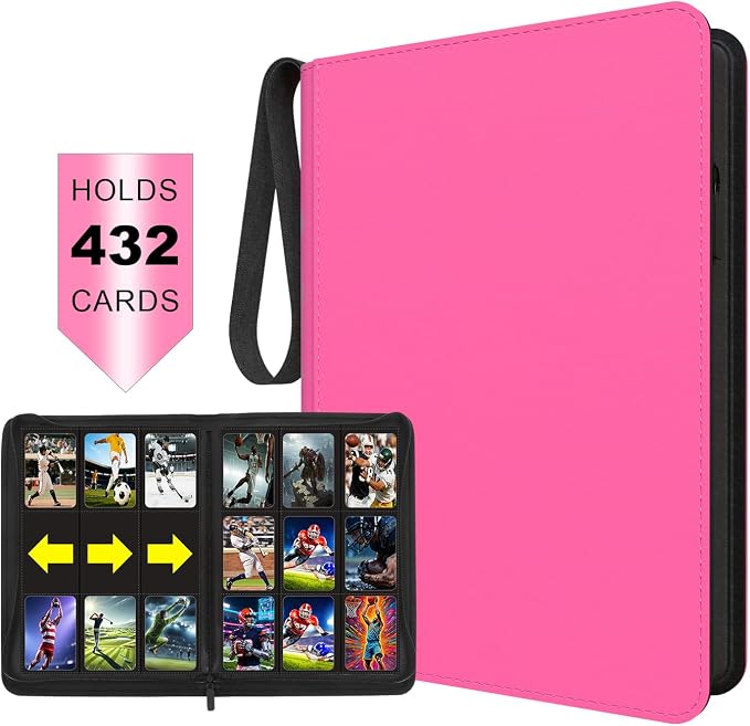 9 Pocket Pink Card Binder - Holds 432 Cards, 24 Double-Sided Clear Pages, Premium Zippered Cute Card Album Folder Compatible with Card Sleeves, Perfect for Sports MTG Game Card Collections(Pink)
