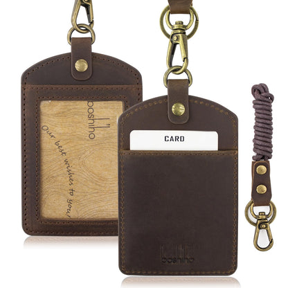 Badge Holder: Boshiho Cowhide Leather ID Badge Card Holder with 19" Neck Lanyard, Vertical Style (Dark Brown)