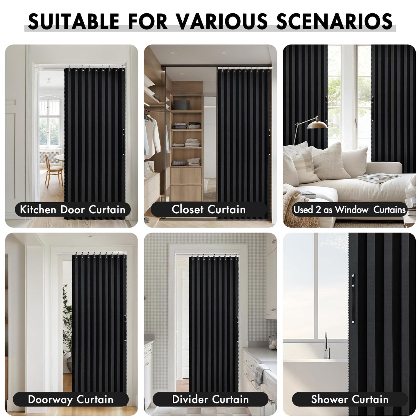 MIULEE Halloween Accordion Style Magnetic Folding Door Curtains for Doorways/Closet, Room Divider Pleated Drapes with Hooks for Interior Living Room/Open Closet, Black, W42 x L78 inches, 1 Panel
