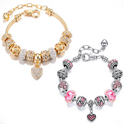 VTEAS 2 Pack Charm Bracelets Pink and Gold Heart Silver Plated Charm Bracelet, DIY Jewelry for Women Gifts, with Beads, Crystal, Charms, Love and Adjustable Snake Chain, Fits 7.5"+1.5"