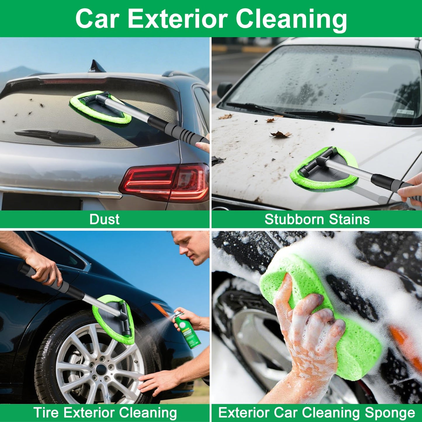 XINDELL Windshield Cleaner Tool – Upgrade Large Head Car Interior&Exterior Window Cleaning Kit with Extendable Handle & 4 Microfiber Pads, Auto Wiper Brush for Car, Trucks, SUVs, RVs & Home Windows