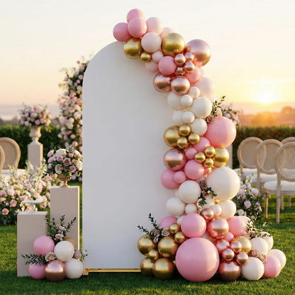 Arch Backdrop Stand and Cover Set, 7.2 x 4FT Gold Metal Wedding Arch for Ceremony, Heavy Duty Balloon Arch Stand with White Spandex Cover for Birthday Party, Baby Shower, Graduation, Event Decor