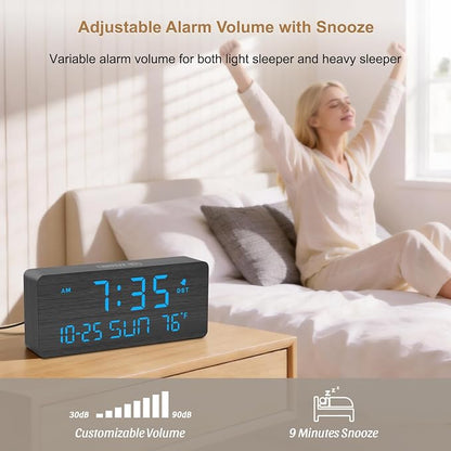 DreamSky Wooden Digital Alarm Clocks for Bedrooms with Date & Day of Week | Living Room Desk Clock, Temperature, USB Port, Dimmer Wheel, Adjustable Volume, Auto DST, Office Wood Decor (Plug-in)