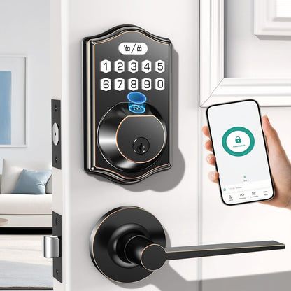 keyless Entry Door Lock deadbolt with Handle Set- Front Door Fingerprint Smart Locks with 2 Lever Handles-Keypad Code Deadbolt -App Control,Auto Lock,Easy to Install