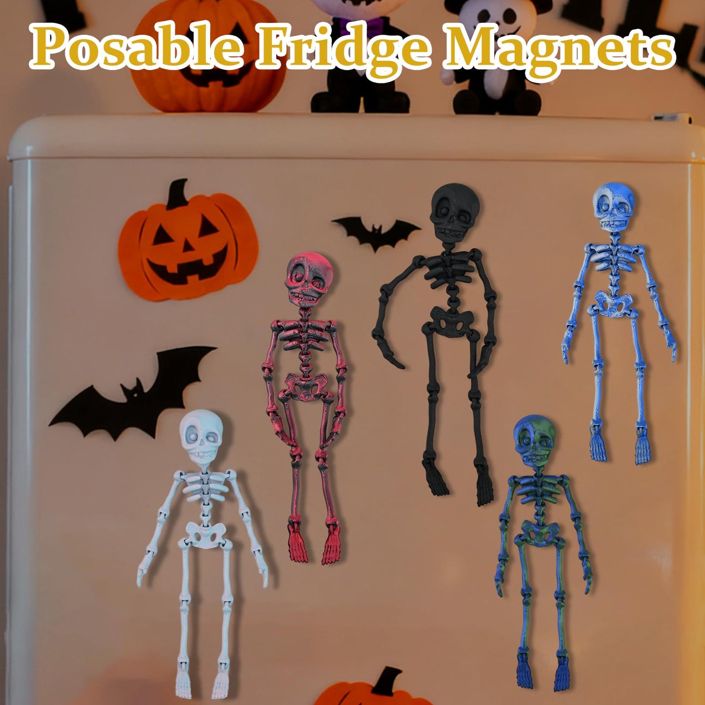 ZMJY 15-Pack Poseable Skeleton Magnets for Fridge - 3 Glow in The Dark, Articulated Refrigerator Magnets with Strong Hold, 3D Printed Halloween Decor for Office, Locker, Gothic Home Decor